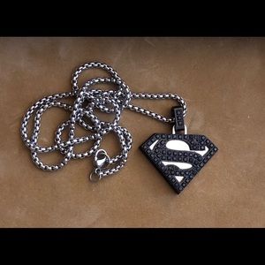 Black Sapphire & Stainless Steel Superman Necklace